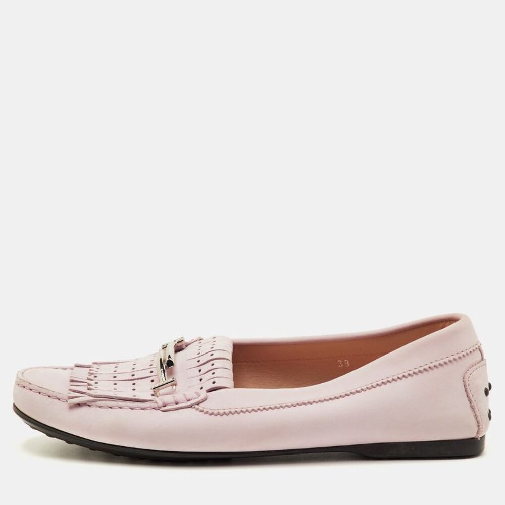 Tod's Size 39 Pink Nubuck Leather Laser Cut Fringe Slip On Loafers